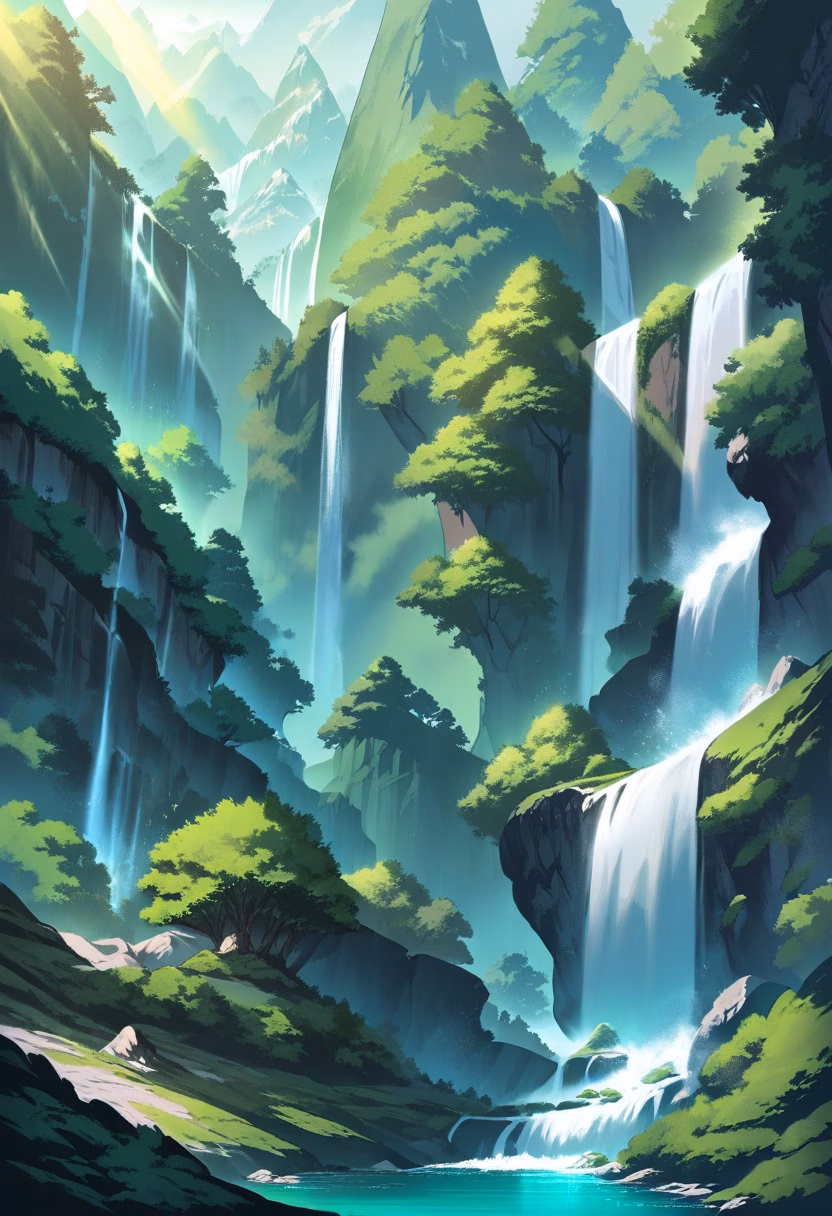 Emerald Mountain Waterfall — view 3 — majestic waterfall in mountain valley, multiple cascades, emerald forest, misty air, mossy rocks, sunlight rays, powerfu