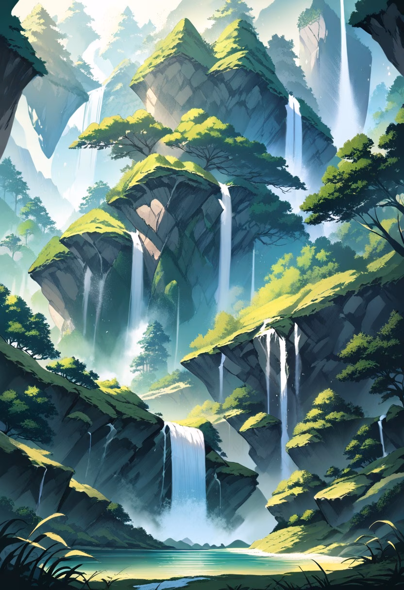 Emerald Mountain Waterfall — view 4 — majestic waterfall in mountain valley, multiple cascades, emerald forest, misty air, mossy rocks, sunlight rays, powerfu