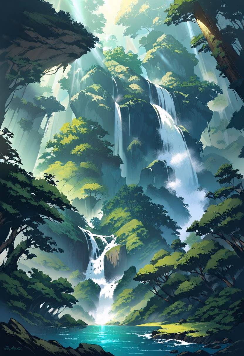 Emerald Mountain Waterfall — view 5 — majestic waterfall in mountain valley, multiple cascades, emerald forest, misty air, mossy rocks, sunlight rays, powerfu