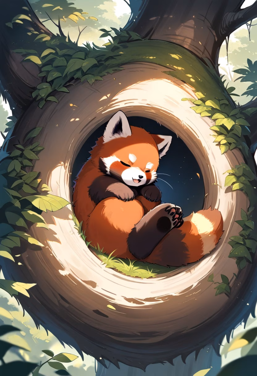 Sleeping Red Panda — view 1 — sleeping red panda curled inside tree hollow, soft leaves, warm sunlight, cozy woodland atmosphere, fluffy fur, adorable