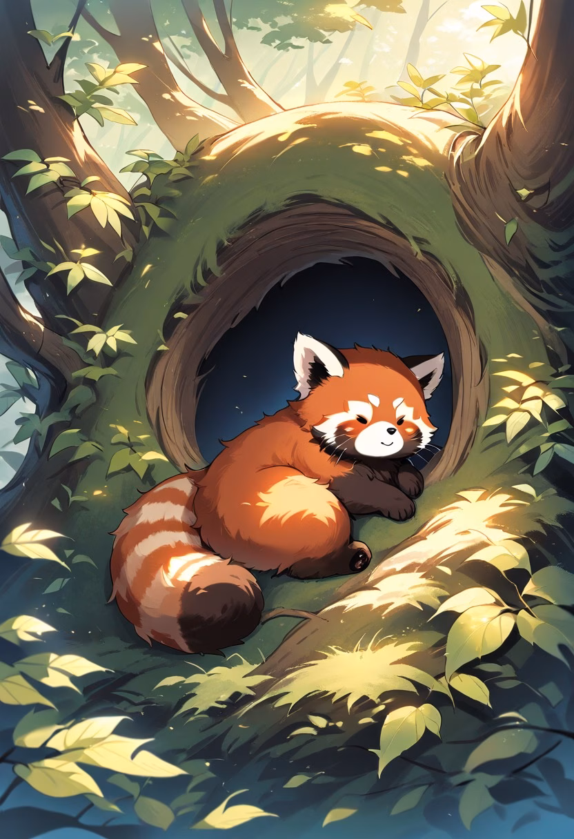 Sleeping Red Panda — view 2 — sleeping red panda curled inside tree hollow, soft leaves, warm sunlight, cozy woodland atmosphere, fluffy fur, adorable