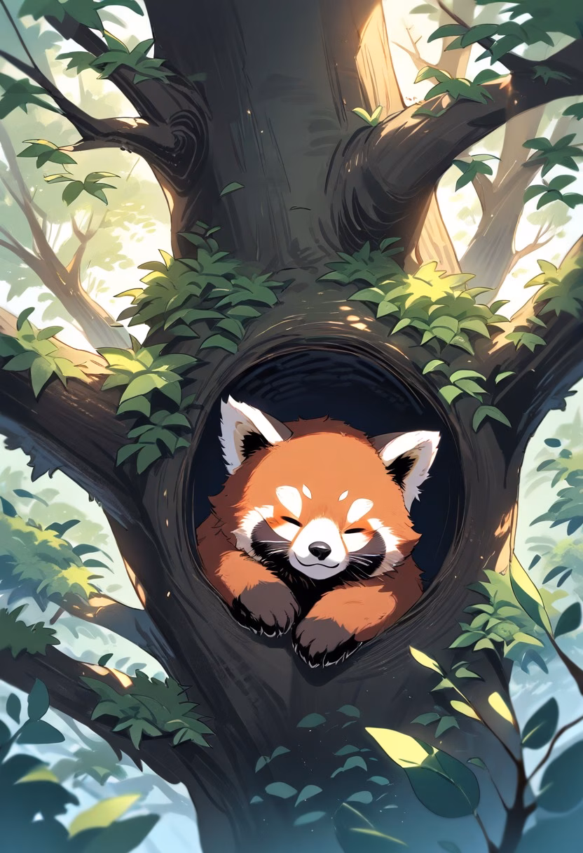 Sleeping Red Panda — view 3 — sleeping red panda curled inside tree hollow, soft leaves, warm sunlight, cozy woodland atmosphere, fluffy fur, adorable