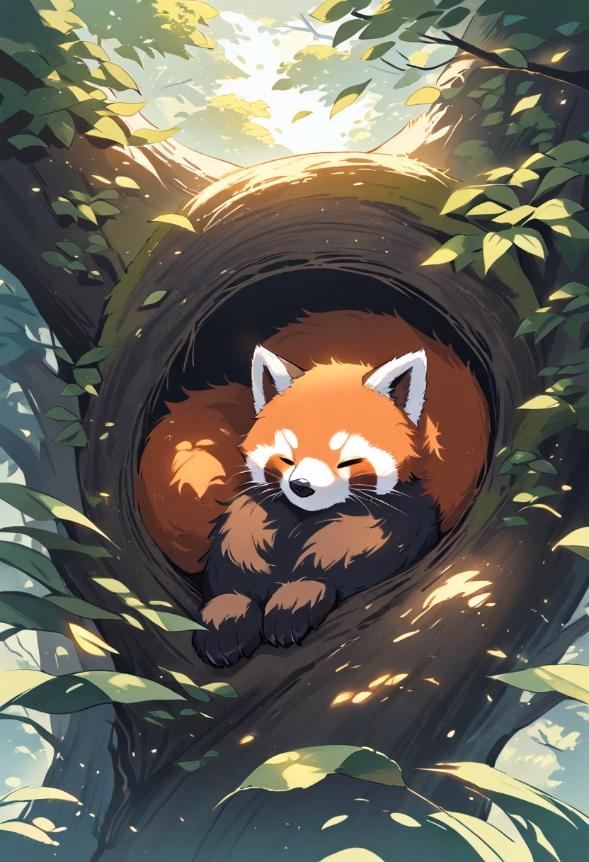 Sleeping Red Panda — view 4 — sleeping red panda curled inside tree hollow, soft leaves, warm sunlight, cozy woodland atmosphere, fluffy fur, adorable