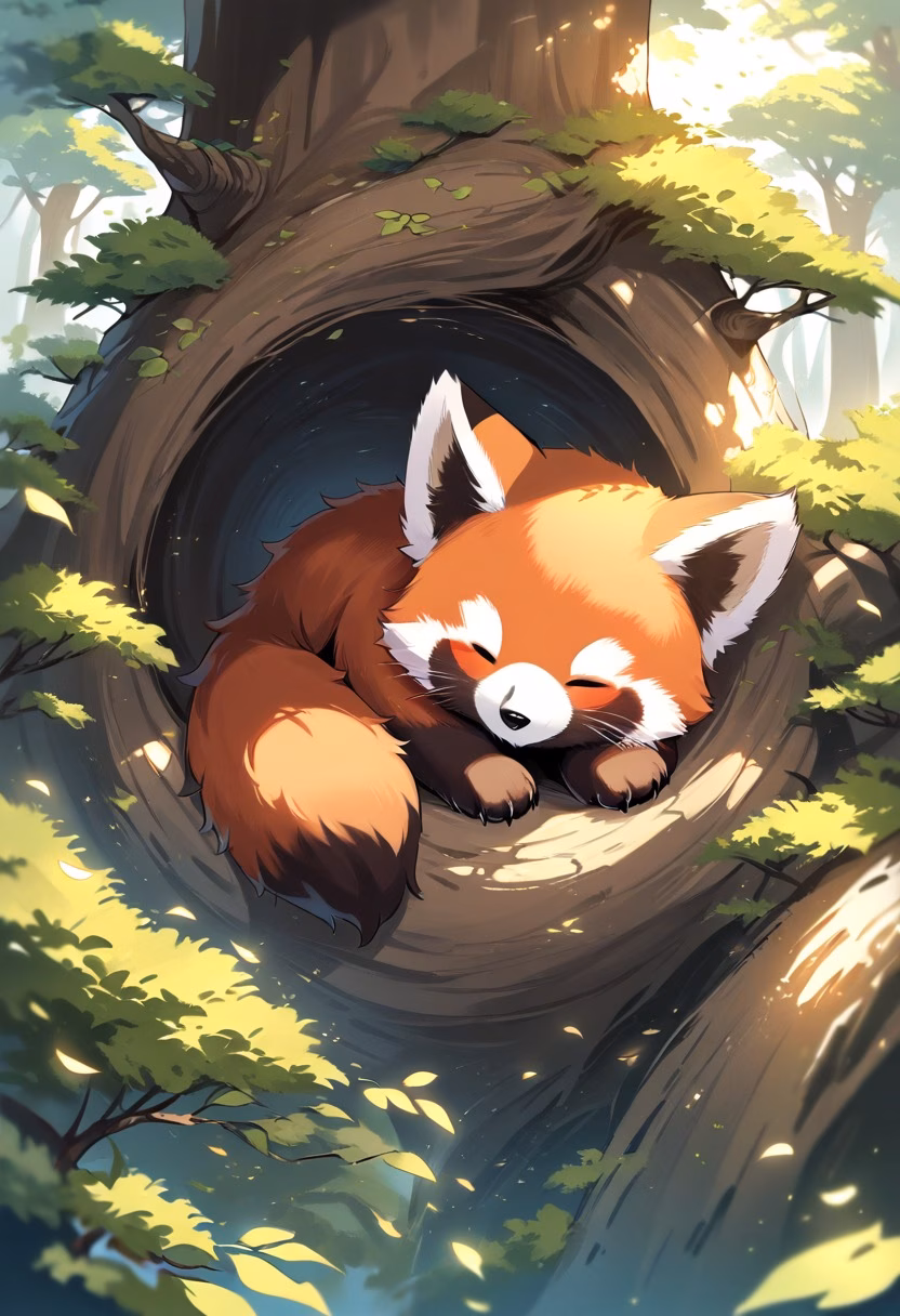 Sleeping Red Panda — view 5 — sleeping red panda curled inside tree hollow, soft leaves, warm sunlight, cozy woodland atmosphere, fluffy fur, adorable