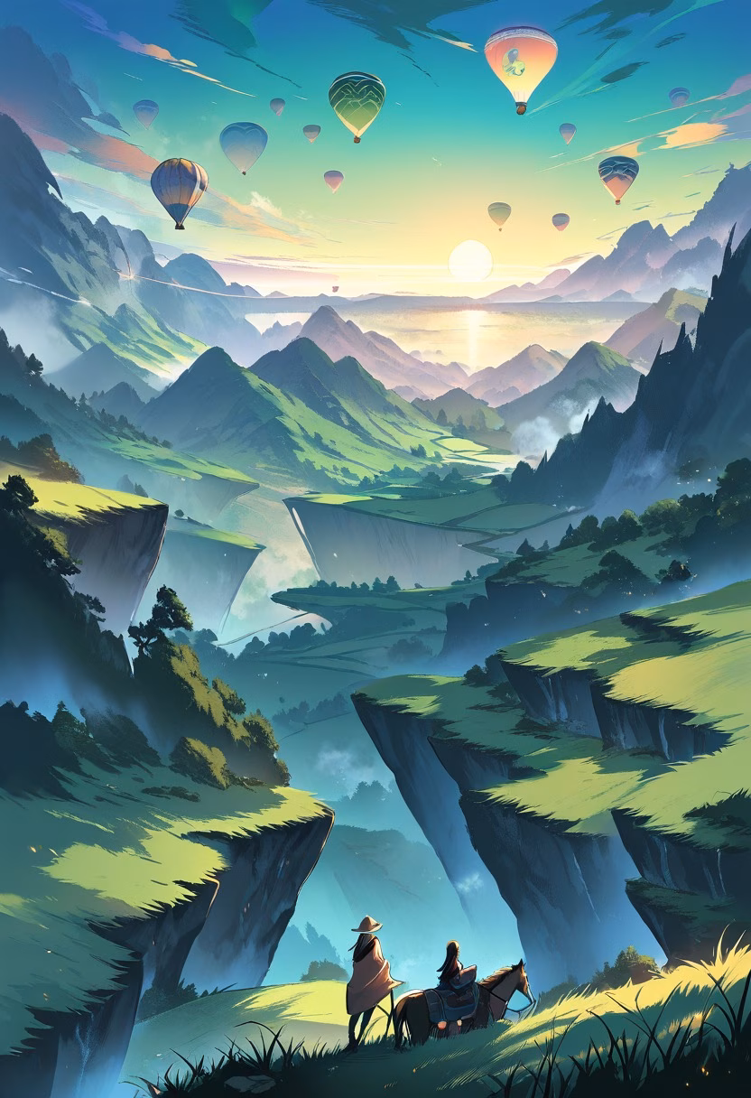 Balloon Over the Valley — view 1 — colorful hot air balloon floating above green valley, sunrise, rolling hills, mist, peaceful countryside, travel adventu