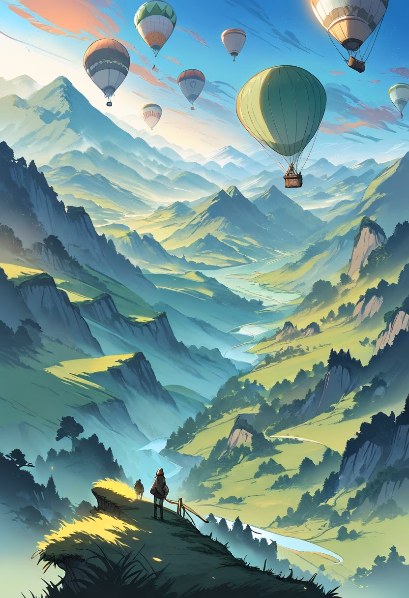Balloon Over the Valley — view 2 — colorful hot air balloon floating above green valley, sunrise, rolling hills, mist, peaceful countryside, travel adventu