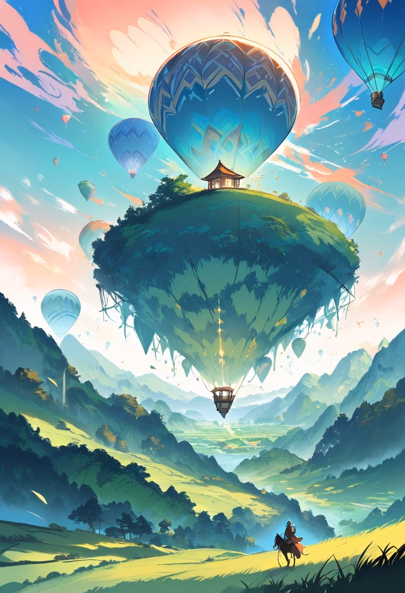 Balloon Over the Valley — view 5 — colorful hot air balloon floating above green valley, sunrise, rolling hills, mist, peaceful countryside, travel adventu