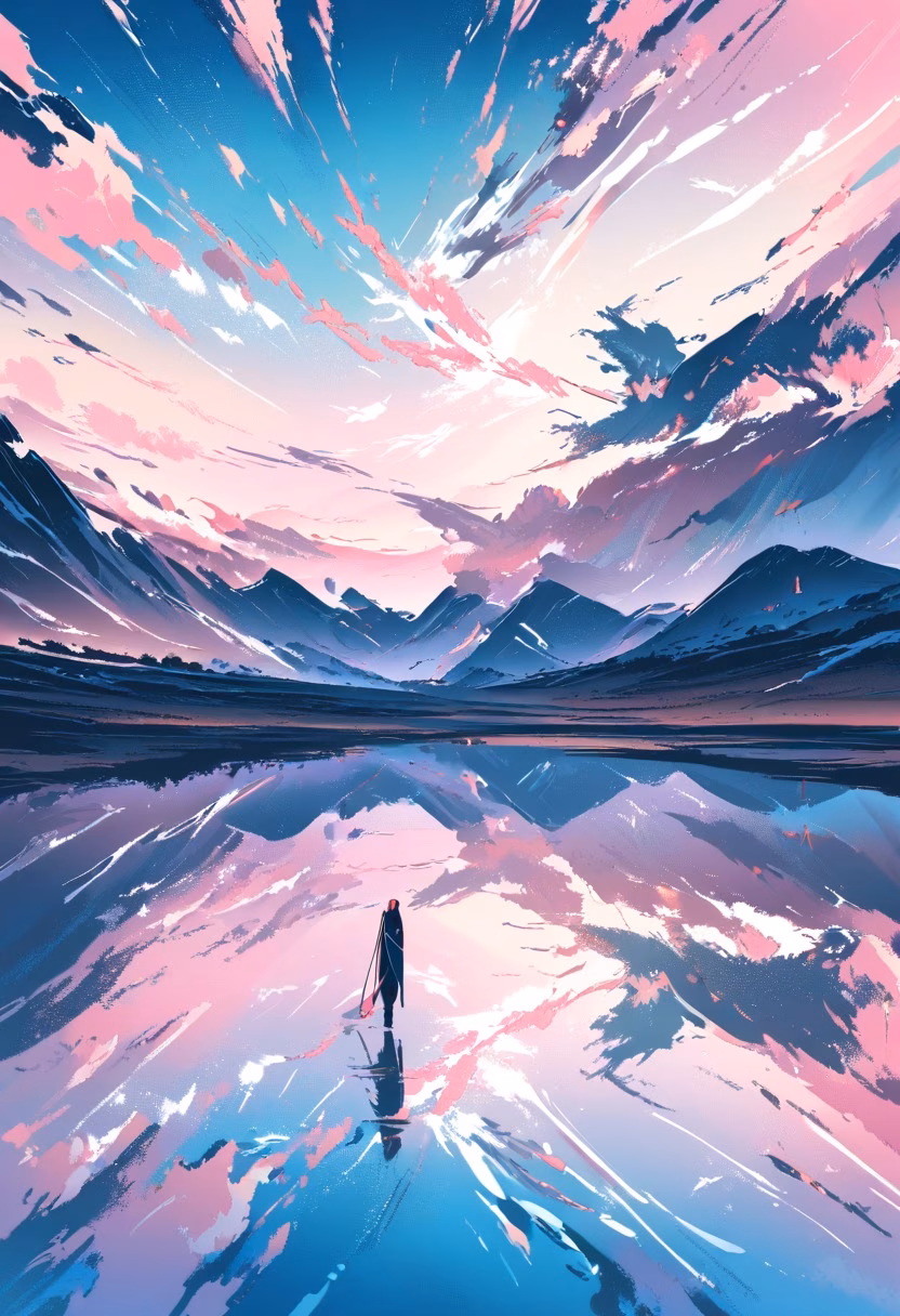 Mirror Salt Flats — view 3 — salt flats, mirror reflection, endless horizon, pastel sky, minimalist, surreal landscape, dry season, detailed reflecti