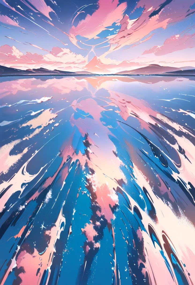 Mirror Salt Flats — view 5 — salt flats, mirror reflection, endless horizon, pastel sky, minimalist, surreal landscape, dry season, detailed reflecti