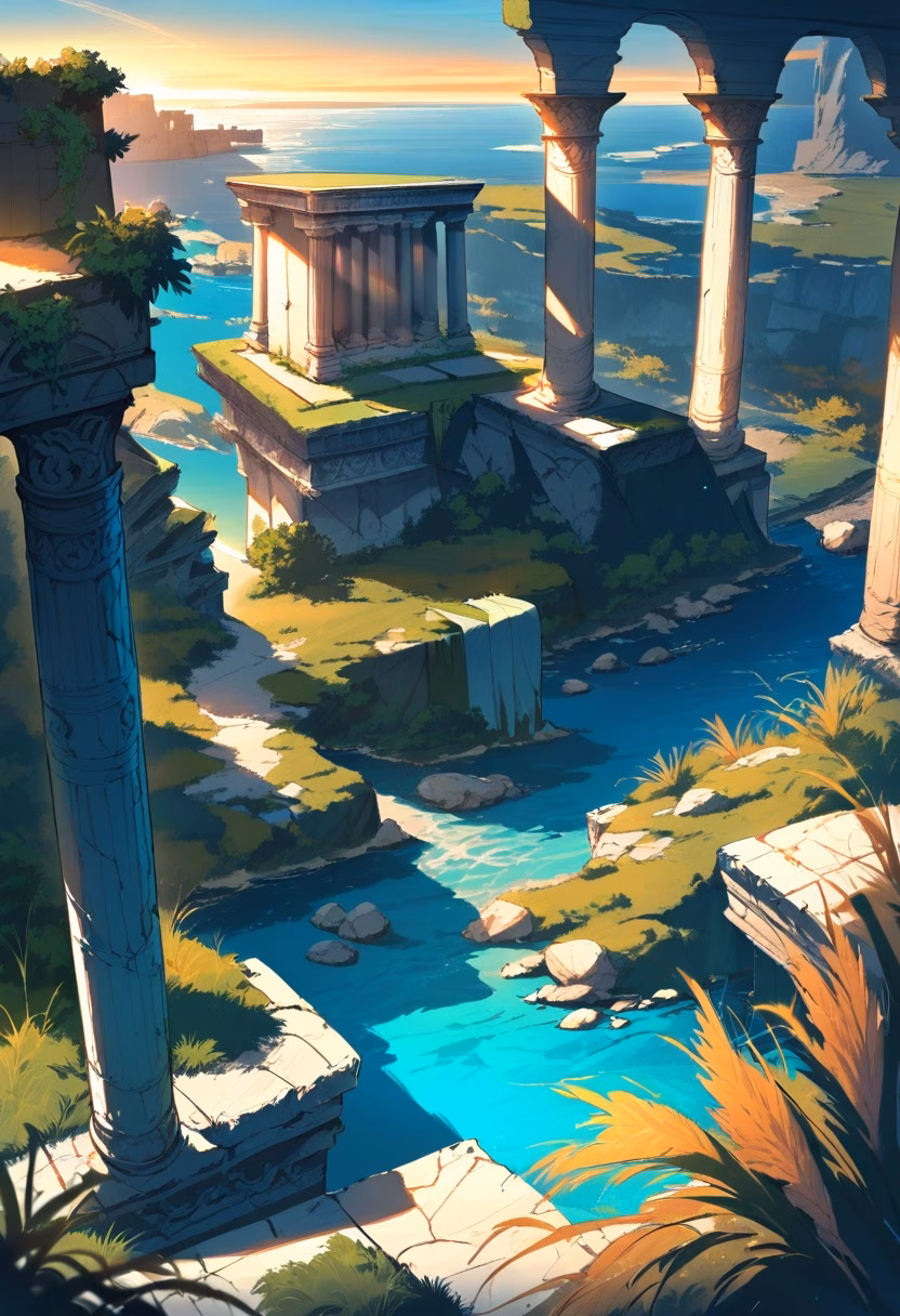 Roman Ruins by the Sea — view 1 — ancient Roman ruins beside Mediterranean sea, stone columns, blue water, wild grasses, sunset light, historical architec