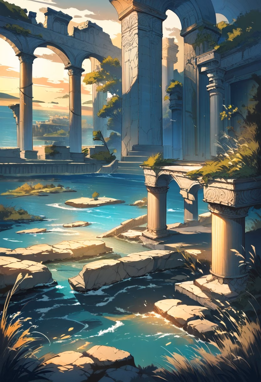 Roman Ruins by the Sea — view 2 — ancient Roman ruins beside Mediterranean sea, stone columns, blue water, wild grasses, sunset light, historical architec