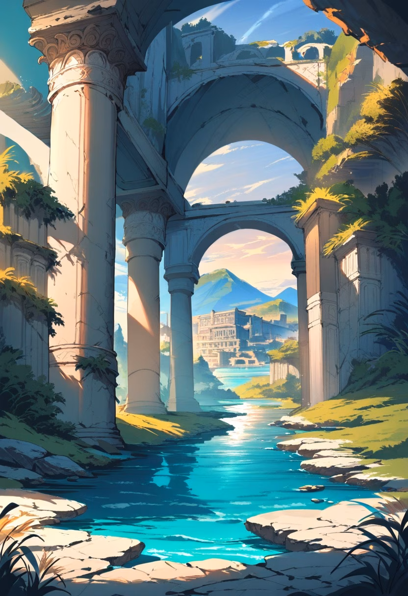 Roman Ruins by the Sea — view 3 — ancient Roman ruins beside Mediterranean sea, stone columns, blue water, wild grasses, sunset light, historical architec