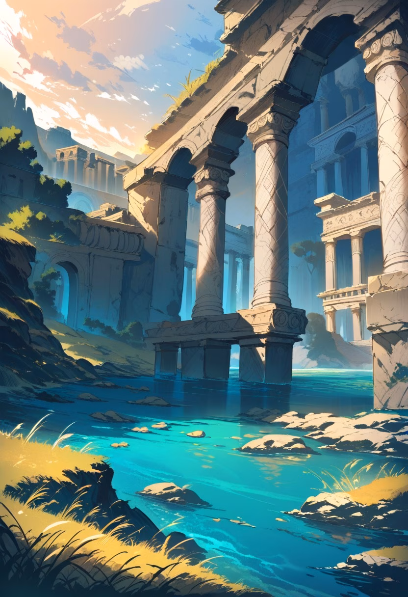 Roman Ruins by the Sea — view 4 — ancient Roman ruins beside Mediterranean sea, stone columns, blue water, wild grasses, sunset light, historical architec