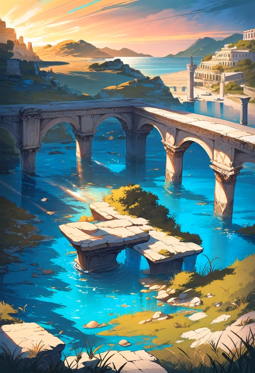 Roman Ruins by the Sea — view 5 — ancient Roman ruins beside Mediterranean sea, stone columns, blue water, wild grasses, sunset light, historical architec