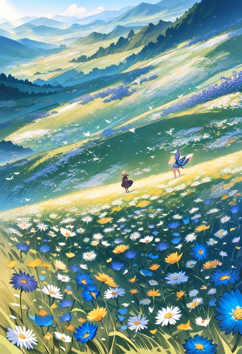 Colorful Wildflower Meadow — view 1 — wildflower meadow with blue cornflowers, white daisies and yellow blooms, rolling hills, summer sunlight, butterflies, v