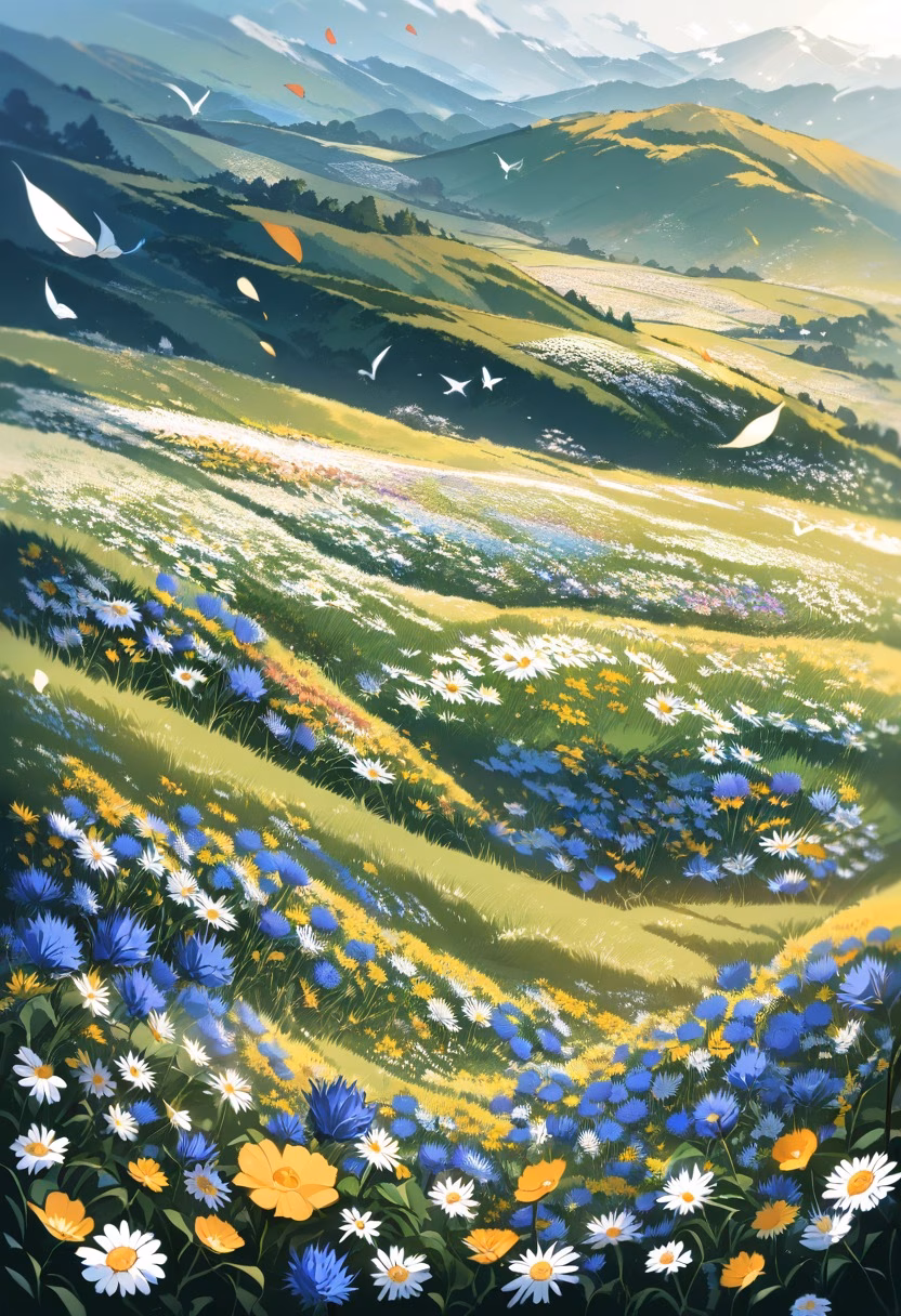 Colorful Wildflower Meadow — view 2 — wildflower meadow with blue cornflowers, white daisies and yellow blooms, rolling hills, summer sunlight, butterflies, v