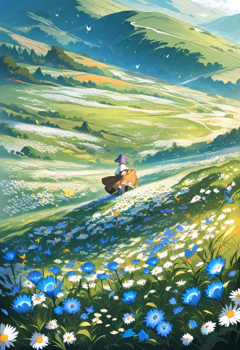 Colorful Wildflower Meadow — view 3 — wildflower meadow with blue cornflowers, white daisies and yellow blooms, rolling hills, summer sunlight, butterflies, v