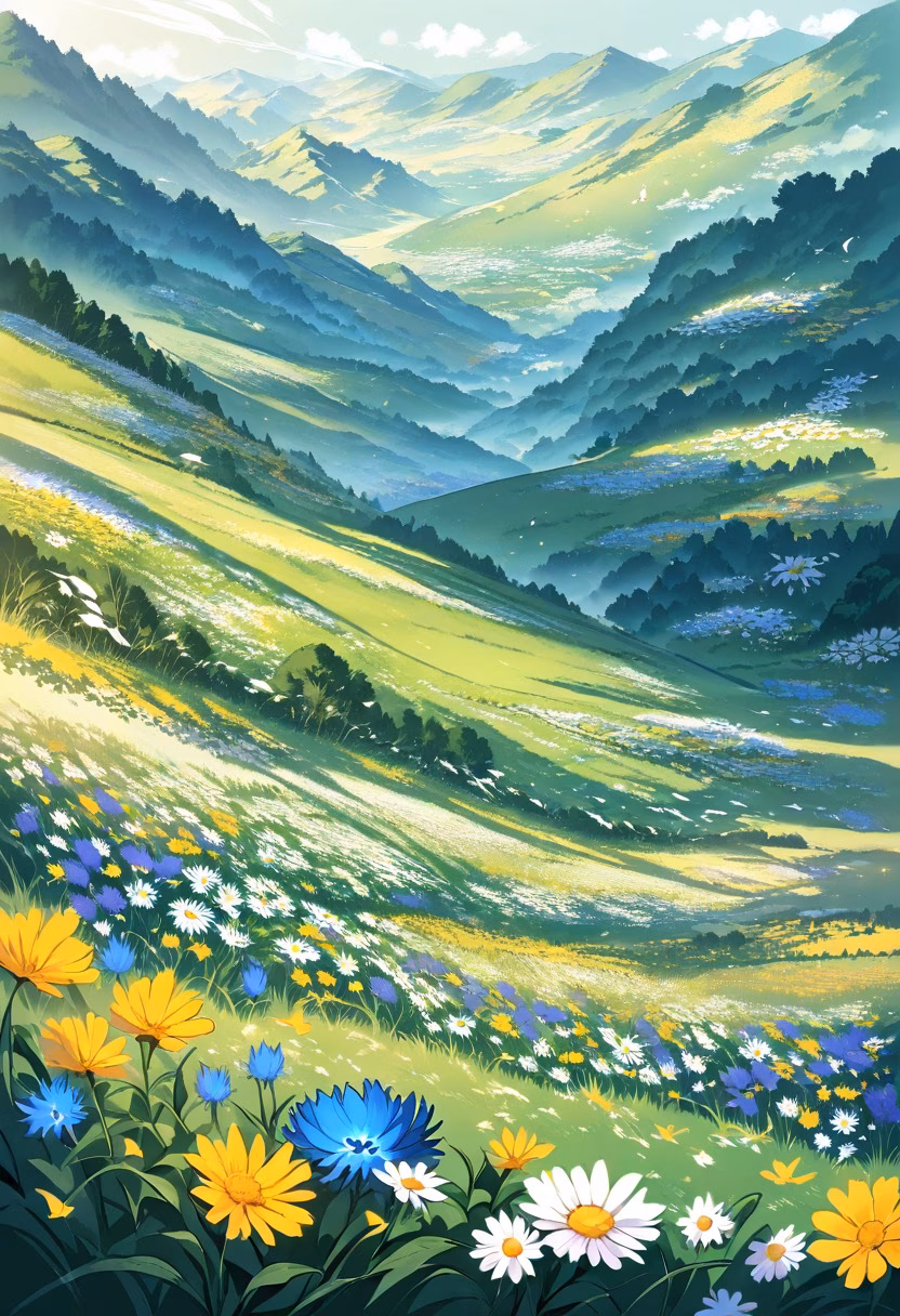 Colorful Wildflower Meadow — view 4 — wildflower meadow with blue cornflowers, white daisies and yellow blooms, rolling hills, summer sunlight, butterflies, v
