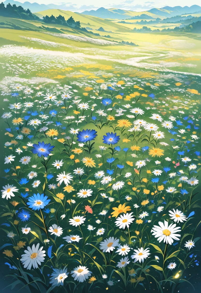 Colorful Wildflower Meadow — view 5 — wildflower meadow with blue cornflowers, white daisies and yellow blooms, rolling hills, summer sunlight, butterflies, v