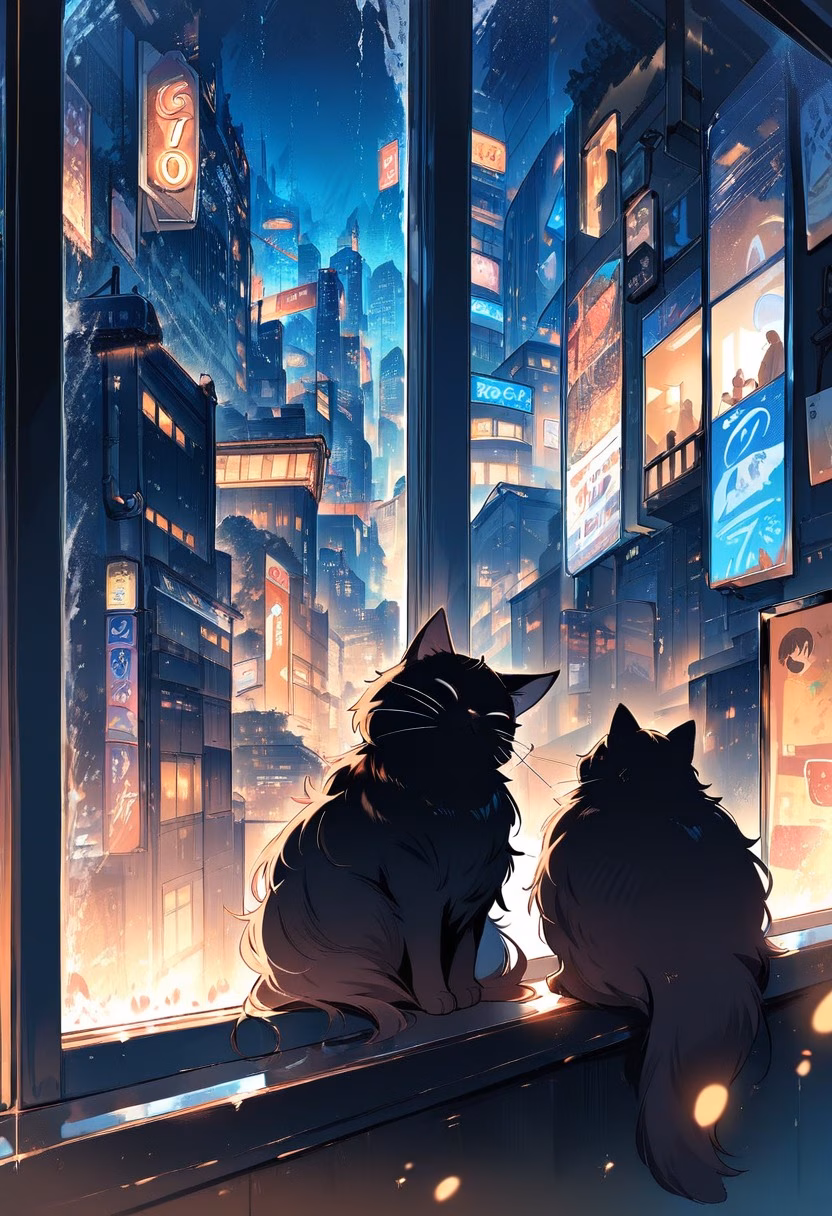 Rainy Window Cat — view 2 — black cat sitting beside rainy window, city lights outside, warm room interior, reflections on glass, cozy evening atmos