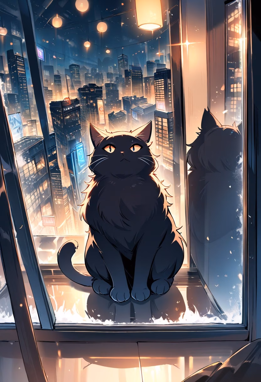Rainy Window Cat — view 3 — black cat sitting beside rainy window, city lights outside, warm room interior, reflections on glass, cozy evening atmos