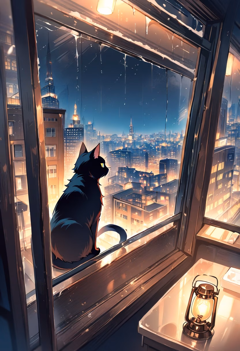 Rainy Window Cat — view 4 — black cat sitting beside rainy window, city lights outside, warm room interior, reflections on glass, cozy evening atmos