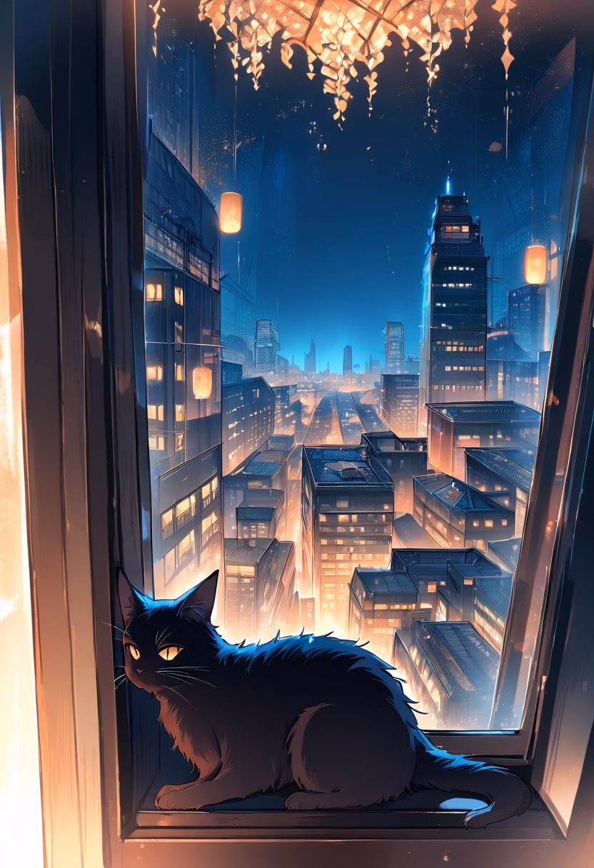 Rainy Window Cat — view 5 — black cat sitting beside rainy window, city lights outside, warm room interior, reflections on glass, cozy evening atmos