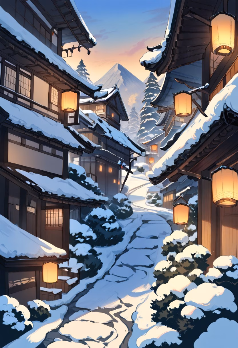 Snowy Mountain Village — view 1 — mountain village covered in fresh snow, stone houses, narrow path, pine trees, warm lanterns, evening sky, peaceful wint