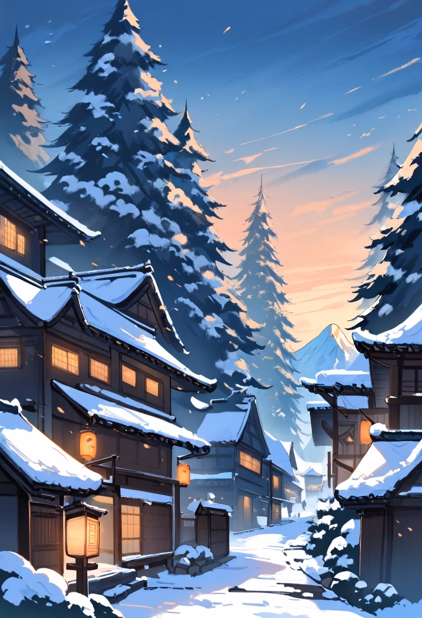Snowy Mountain Village — view 2 — mountain village covered in fresh snow, stone houses, narrow path, pine trees, warm lanterns, evening sky, peaceful wint