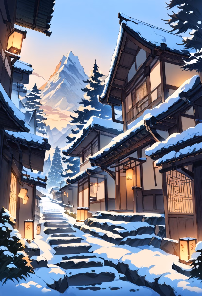 Snowy Mountain Village — view 3 — mountain village covered in fresh snow, stone houses, narrow path, pine trees, warm lanterns, evening sky, peaceful wint