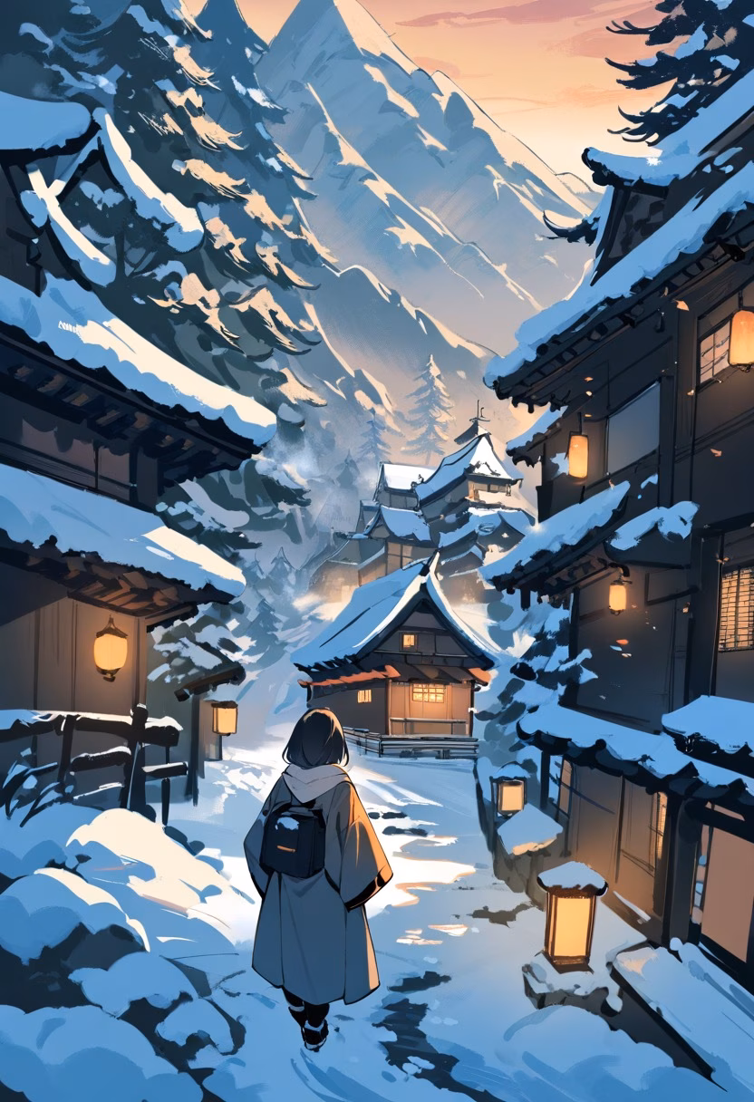 Snowy Mountain Village — view 4 — mountain village covered in fresh snow, stone houses, narrow path, pine trees, warm lanterns, evening sky, peaceful wint