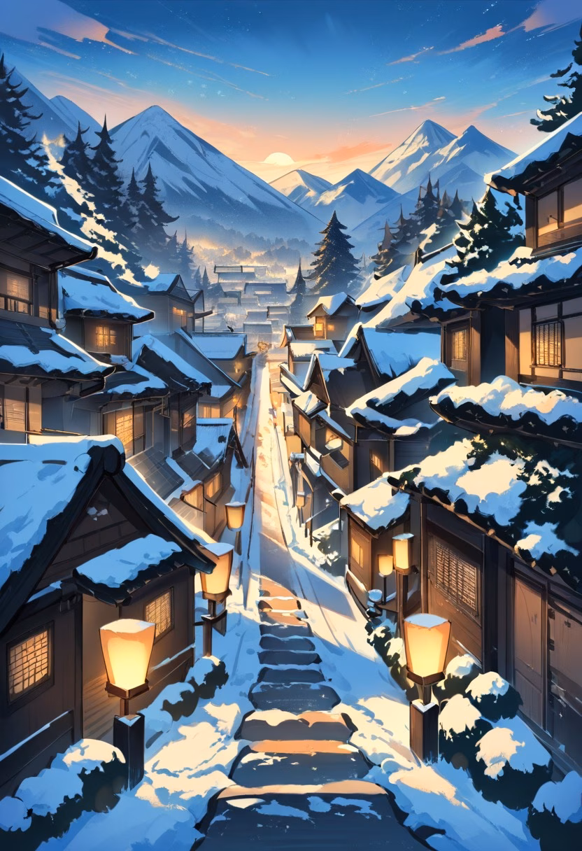 Snowy Mountain Village — view 5 — mountain village covered in fresh snow, stone houses, narrow path, pine trees, warm lanterns, evening sky, peaceful wint