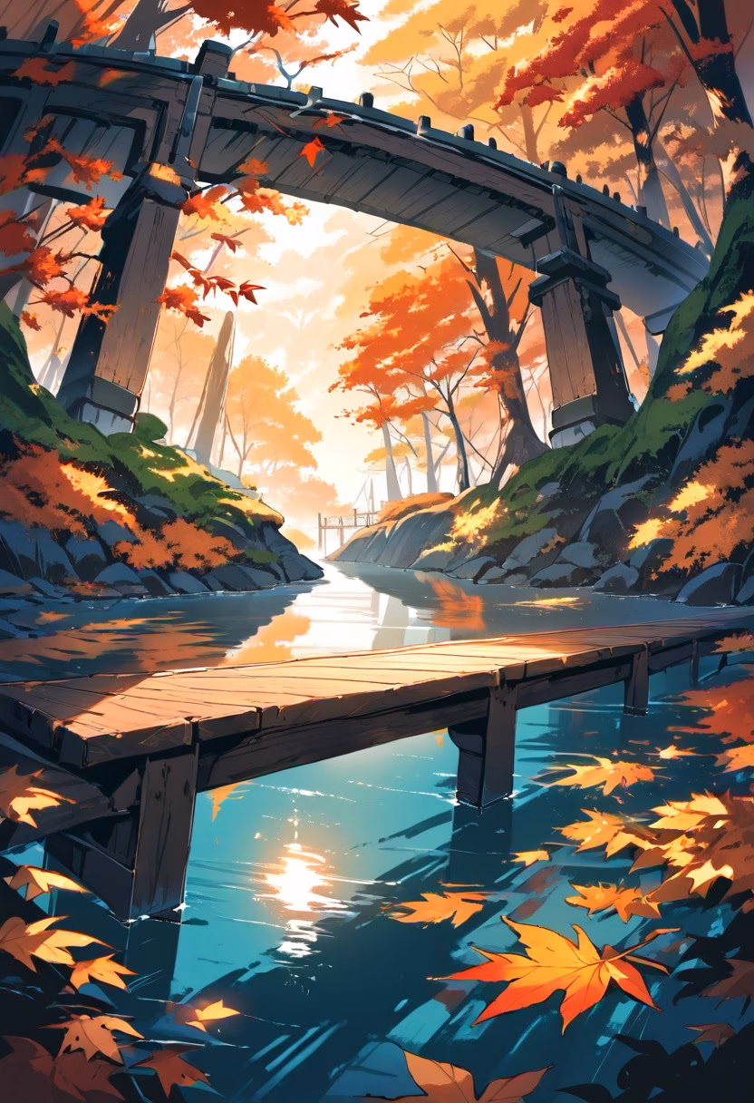 Autumn River Crossing — view 1 — calm river winding through autumn forest, red and orange foliage, reflections on water, wooden footbridge, golden sunlig