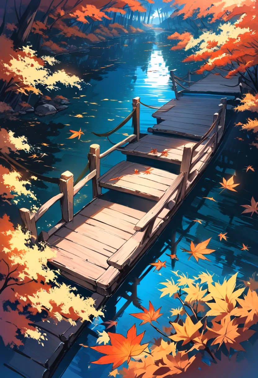 Autumn River Crossing — view 2 — calm river winding through autumn forest, red and orange foliage, reflections on water, wooden footbridge, golden sunlig