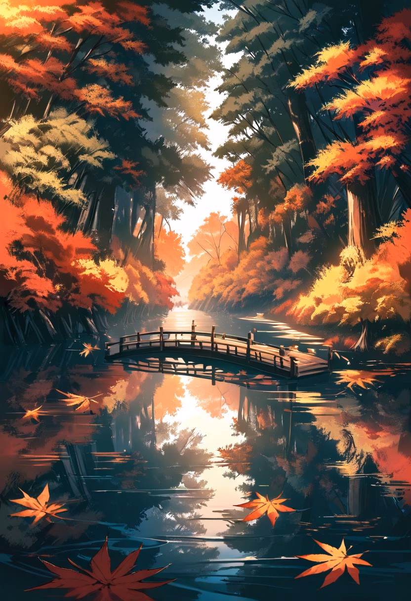 Autumn River Crossing — view 3 — calm river winding through autumn forest, red and orange foliage, reflections on water, wooden footbridge, golden sunlig