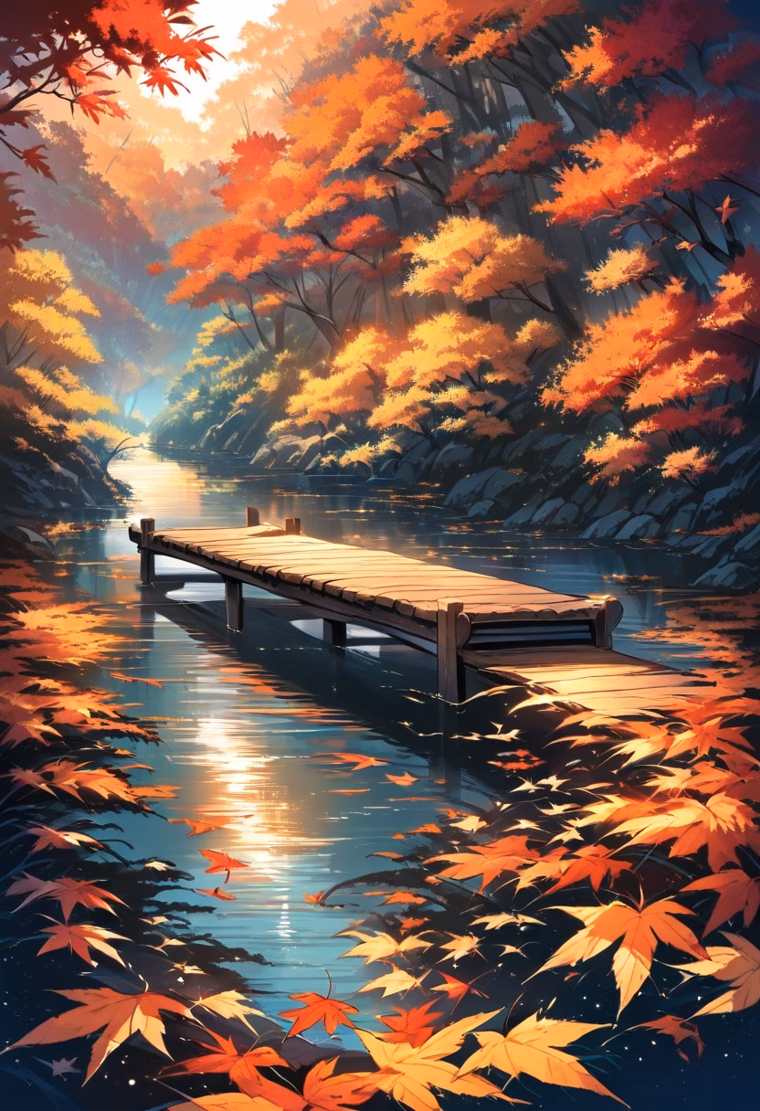 Autumn River Crossing — view 4 — calm river winding through autumn forest, red and orange foliage, reflections on water, wooden footbridge, golden sunlig