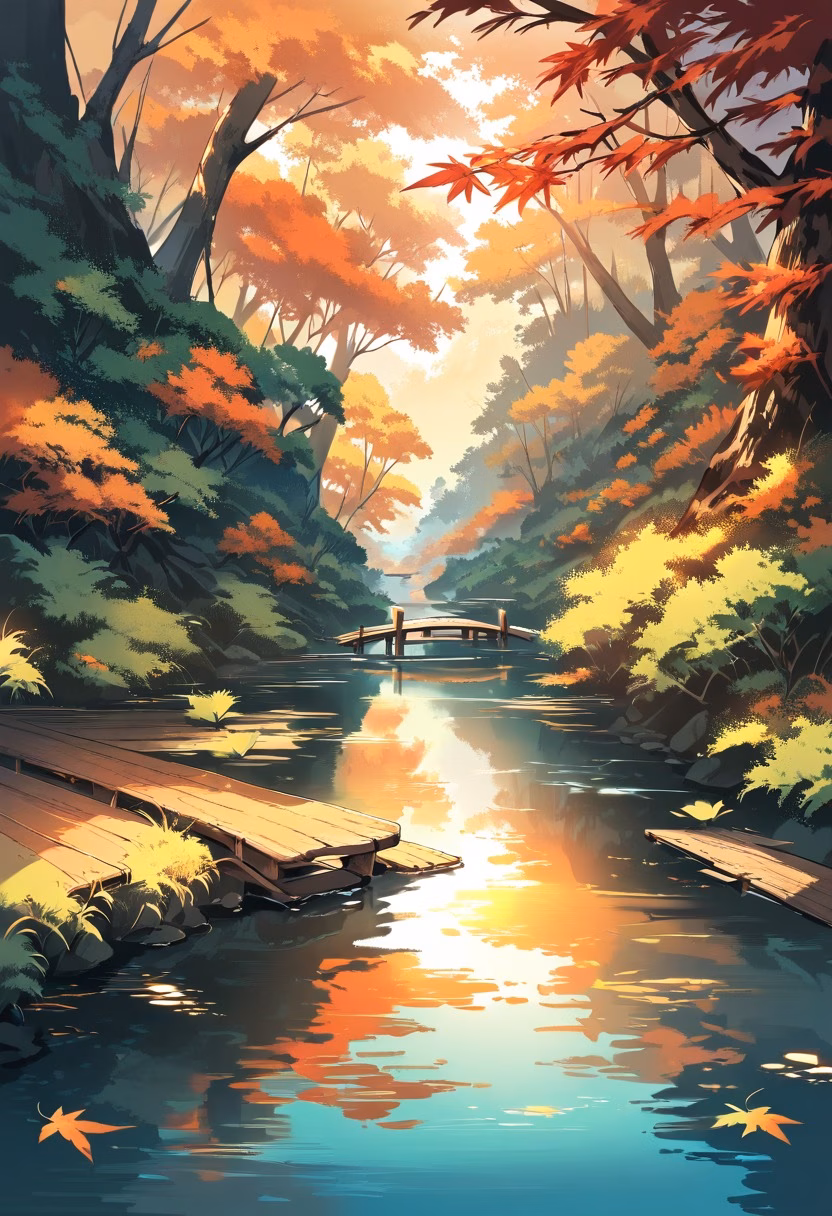 Autumn River Crossing — view 5 — calm river winding through autumn forest, red and orange foliage, reflections on water, wooden footbridge, golden sunlig