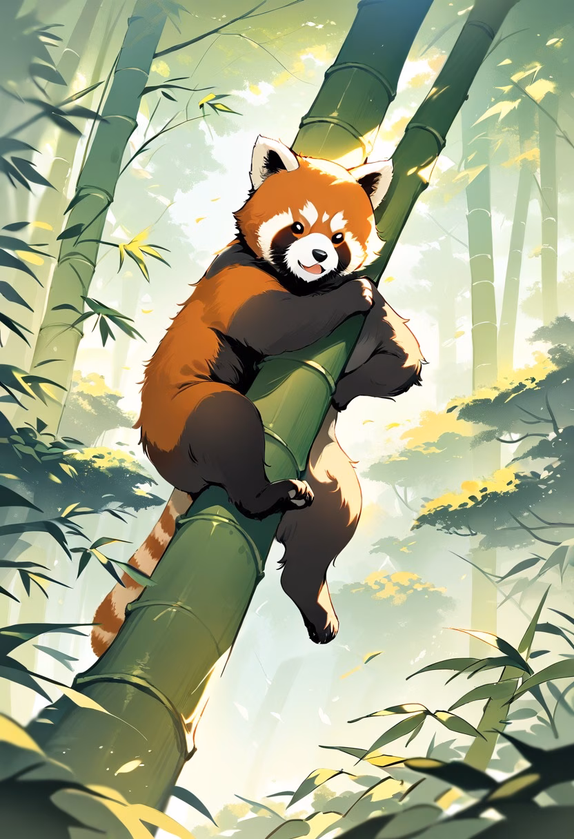 Red Panda in Bamboo Forest — view 1 — red panda climbing bamboo, lush green forest, soft daylight, playful pose, detailed fur, natural wildlife setting, peace