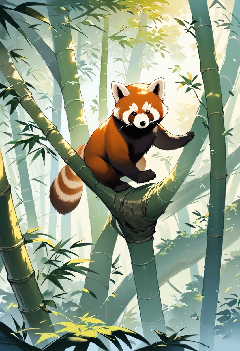 Red Panda in Bamboo Forest — view 2 — red panda climbing bamboo, lush green forest, soft daylight, playful pose, detailed fur, natural wildlife setting, peace