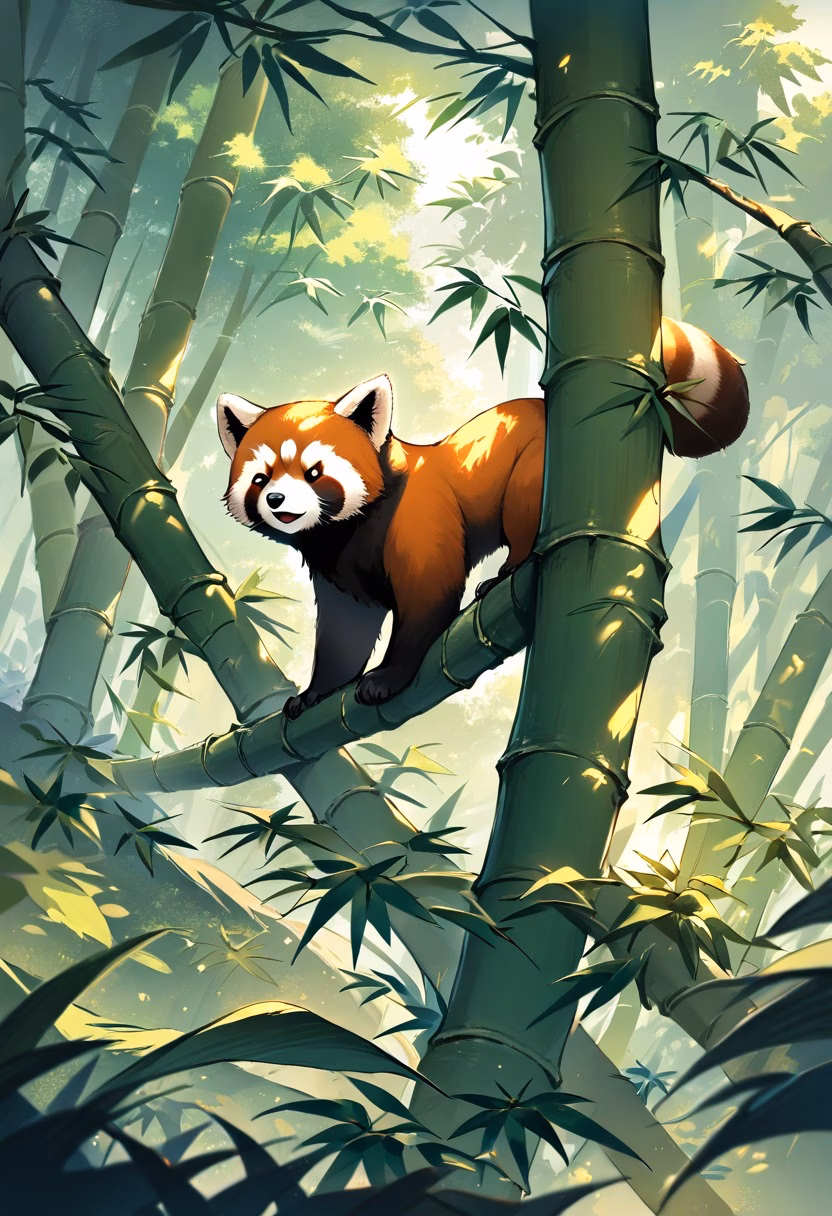 Red Panda in Bamboo Forest — view 3 — red panda climbing bamboo, lush green forest, soft daylight, playful pose, detailed fur, natural wildlife setting, peace