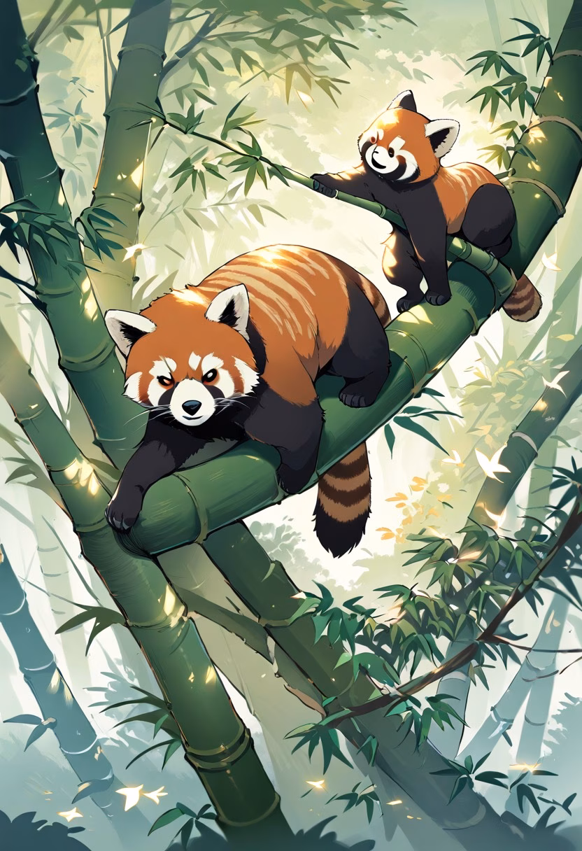 Red Panda in Bamboo Forest — view 4 — red panda climbing bamboo, lush green forest, soft daylight, playful pose, detailed fur, natural wildlife setting, peace
