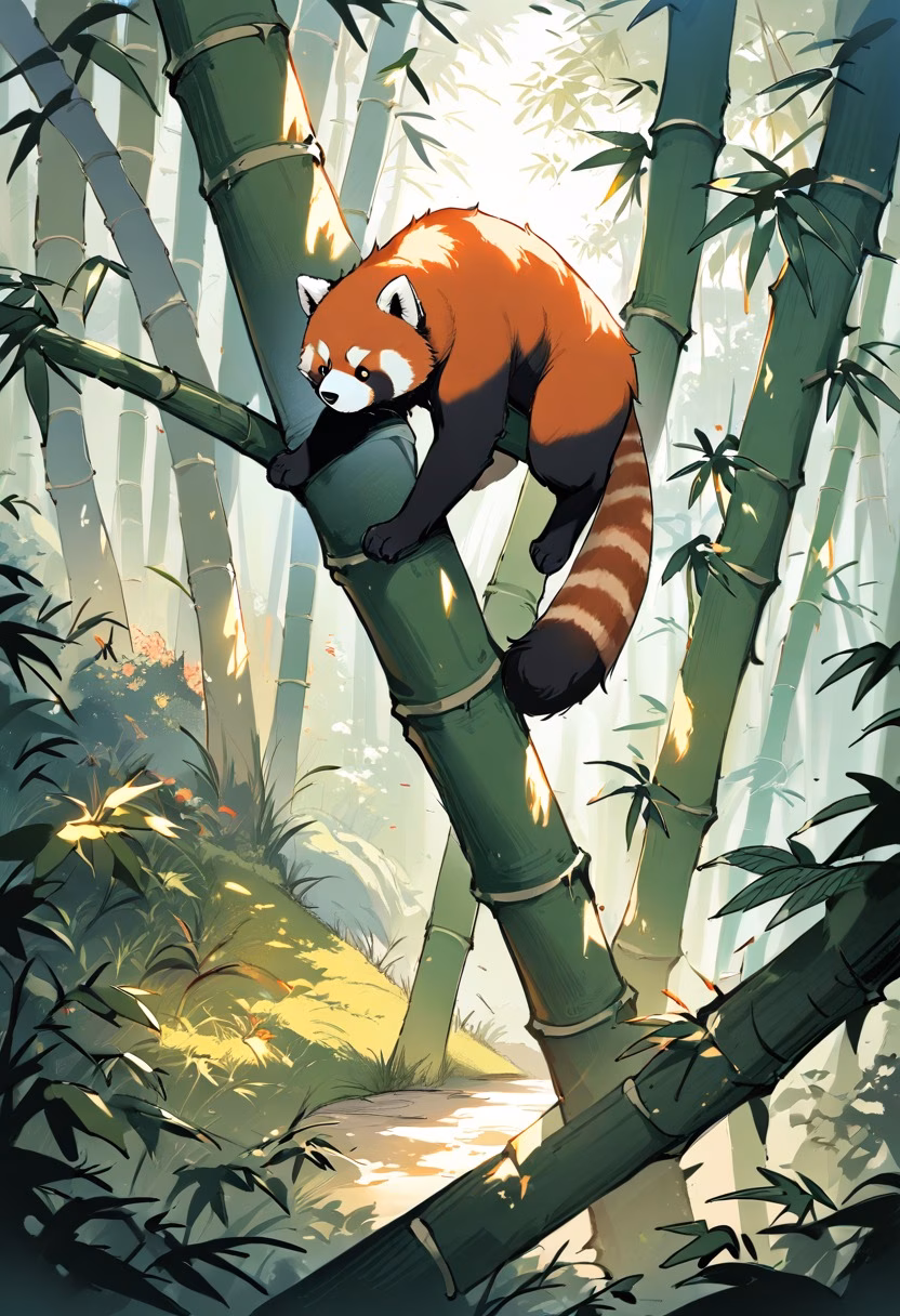 Red Panda in Bamboo Forest — view 5 — red panda climbing bamboo, lush green forest, soft daylight, playful pose, detailed fur, natural wildlife setting, peace