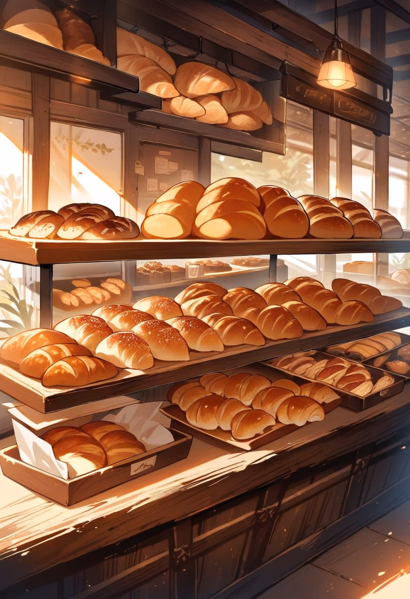 Warm Artisan Bakery — view 1 — warm bakery interior, fresh croissants and bread, wooden shelves, baker counter, morning sunlight, cozy atmosphere, deli