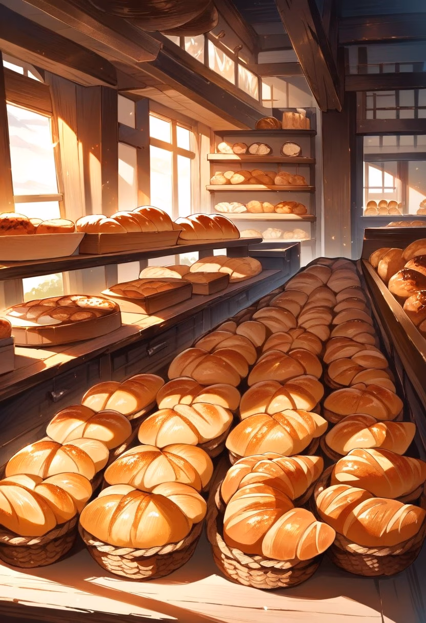 Warm Artisan Bakery — view 2 — warm bakery interior, fresh croissants and bread, wooden shelves, baker counter, morning sunlight, cozy atmosphere, deli