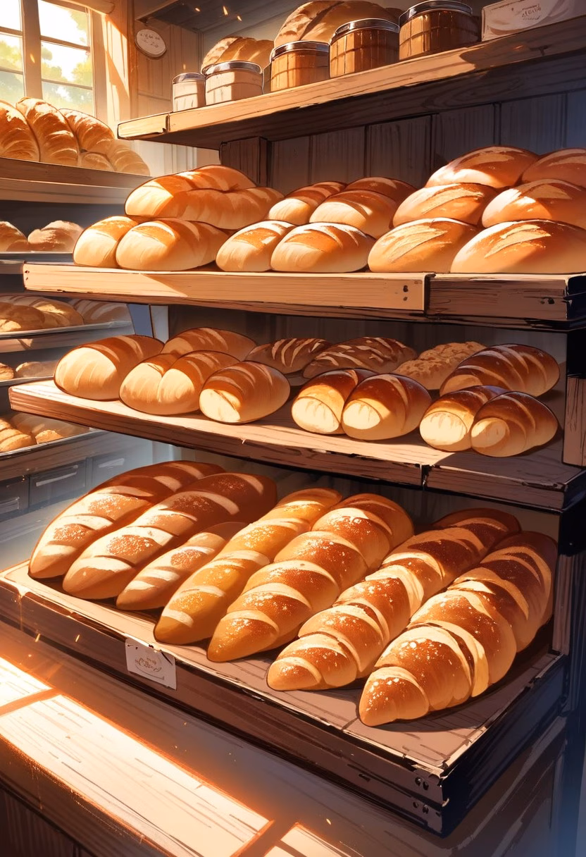 Warm Artisan Bakery — view 3 — warm bakery interior, fresh croissants and bread, wooden shelves, baker counter, morning sunlight, cozy atmosphere, deli