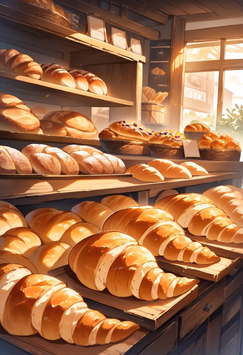Warm Artisan Bakery — view 4 — warm bakery interior, fresh croissants and bread, wooden shelves, baker counter, morning sunlight, cozy atmosphere, deli