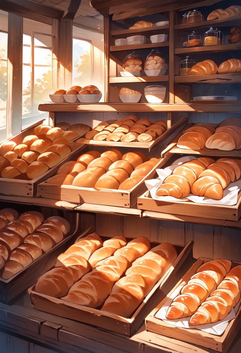 Warm Artisan Bakery — view 5 — warm bakery interior, fresh croissants and bread, wooden shelves, baker counter, morning sunlight, cozy atmosphere, deli