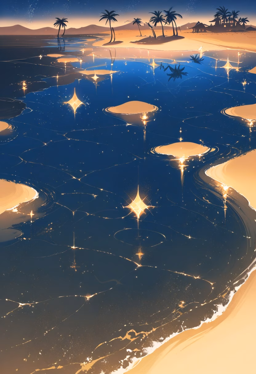 Moonlit Desert Oasis — view 1 — moonlit desert oasis, palm trees around clear pool, star-filled sky, golden sand dunes, peaceful night, magical atmosphe