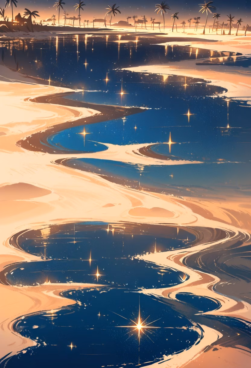 Moonlit Desert Oasis — view 2 — moonlit desert oasis, palm trees around clear pool, star-filled sky, golden sand dunes, peaceful night, magical atmosphe