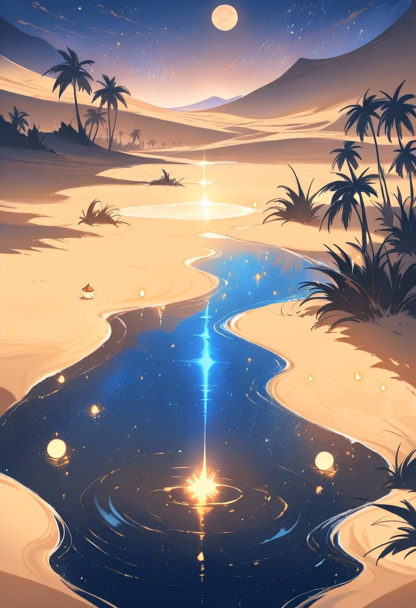 Moonlit Desert Oasis — view 3 — moonlit desert oasis, palm trees around clear pool, star-filled sky, golden sand dunes, peaceful night, magical atmosphe